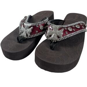 Montana West Flip Flops Western Bling Wedge Sandals Chopper Cross Ribbed 7